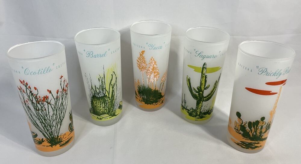 Vintage Blakely Oil 1950'S Arizona Saguaro Cactus Frosted Glass Tumbler Set of 5